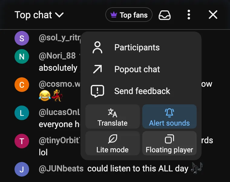 Il menu di YouTube con l’opzione Video + chat PiP visibile. Nomi, avatar e messaggi della chat sono inventati.