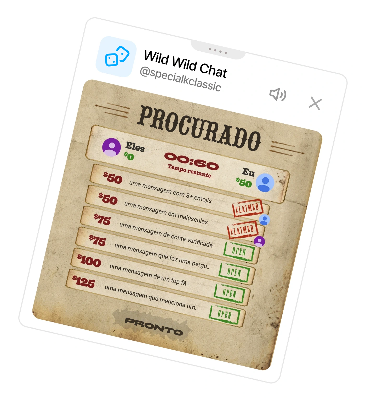 Quadro de recompensas do The Wild Wild Chat em um painel do Playground