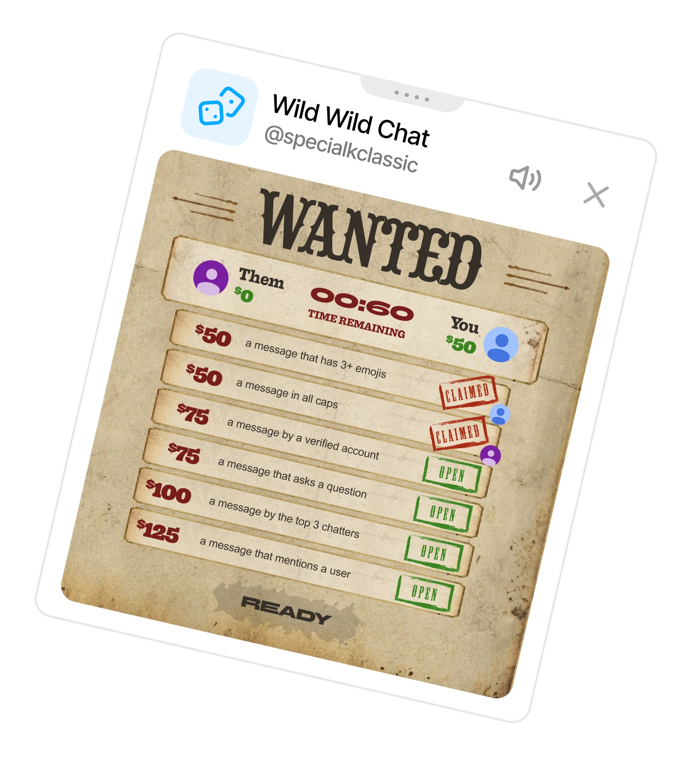 The Wild Wild Chat bounty board inside a Playground panel